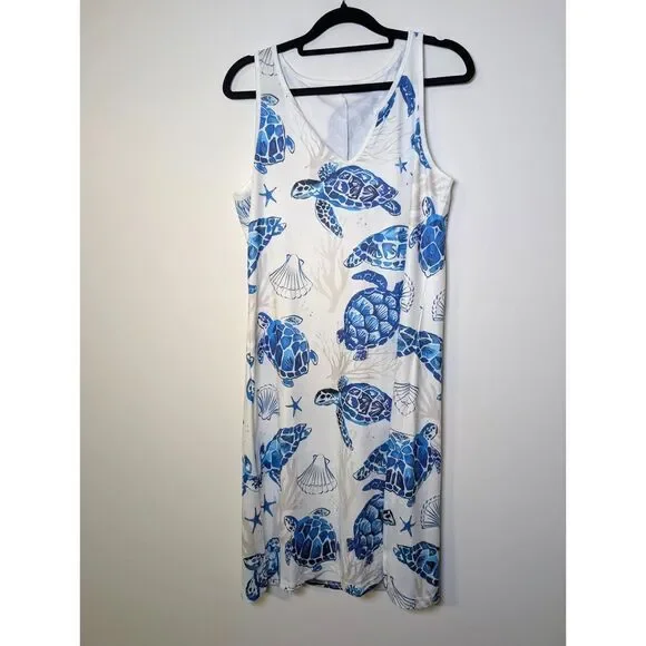 4 for $20 Swim Cover Up Dress M Blue Sea Turtle Coastal Beach Tank Dress - Picture 2 of 4